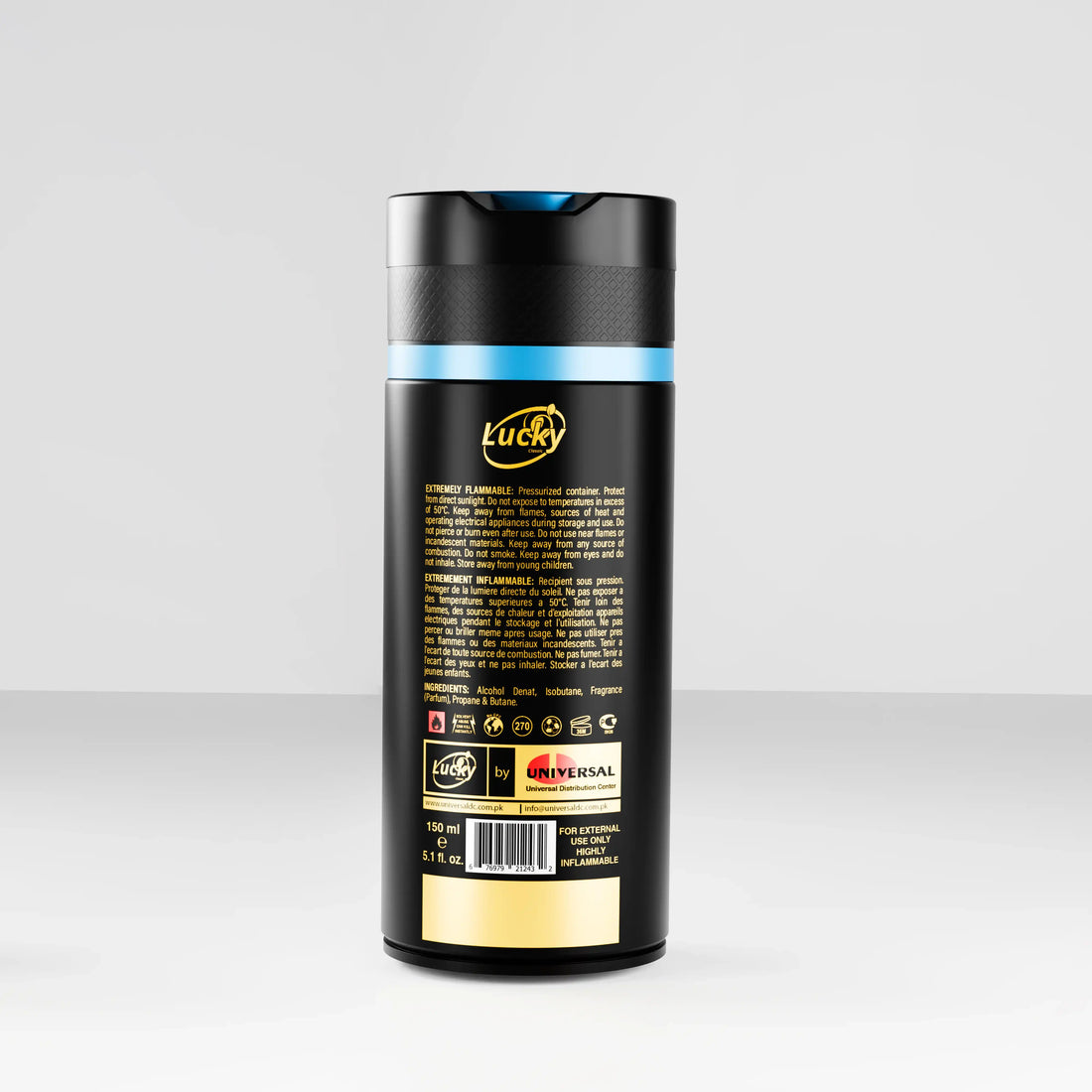 Lucky Splash body spray 150ml back label – usage instructions and composition