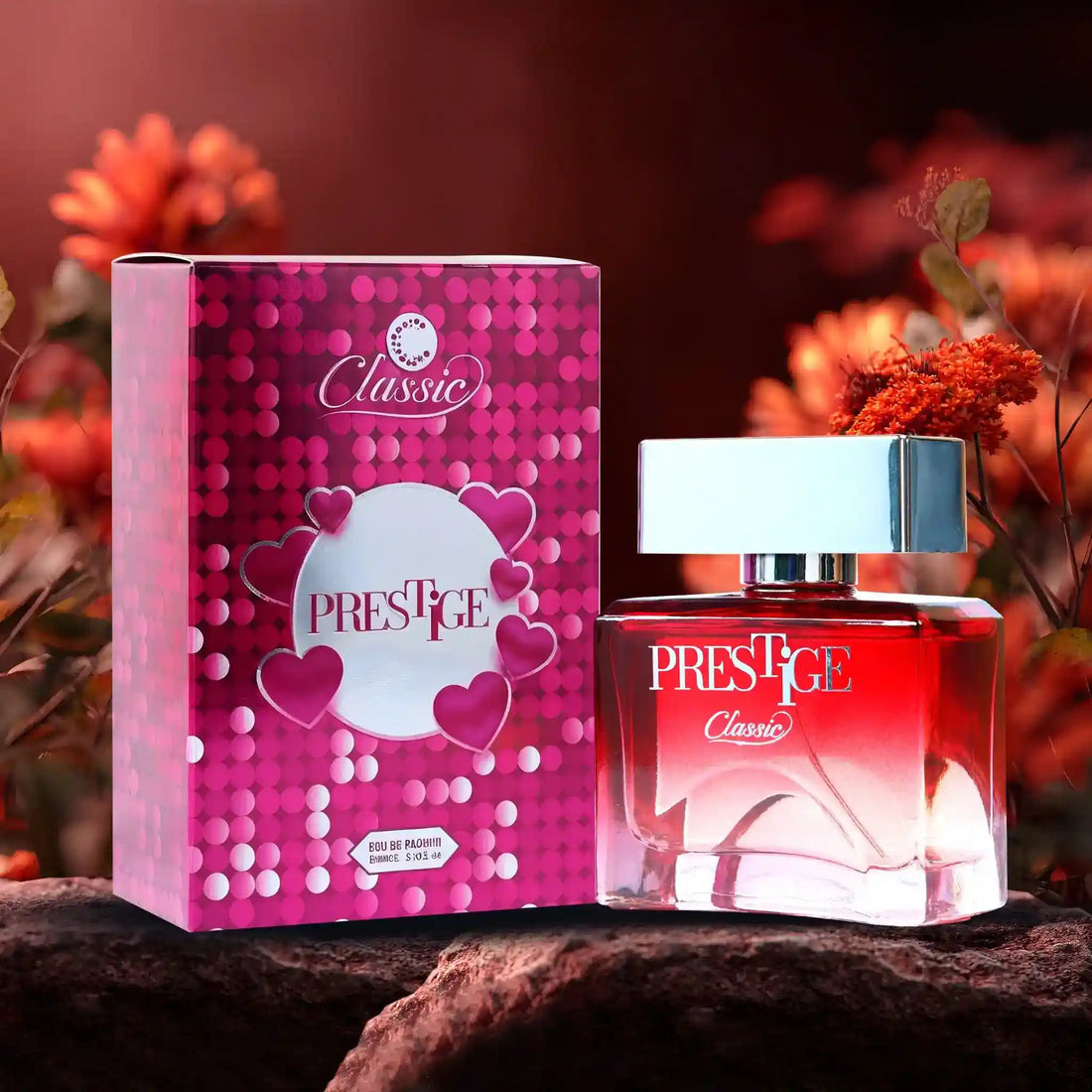 Classic Prestige Perfume 100ml red bottle and pink heart-themed box.