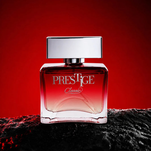 Prestige Classic perfume bottle with a silver cap, set on a dark textured surface against a solid red background.