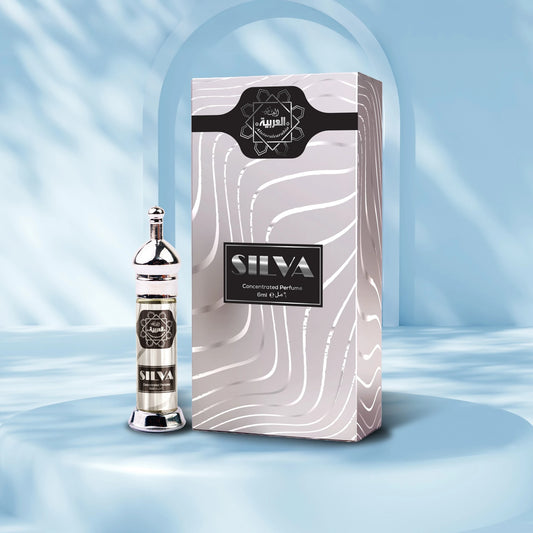 “Al Arabia Silva Attar 6ml — front view of the roll-on perfume bottle displayed clearly, showcasing label and packaging details, featuring a long-lasting Arabic fragrance.”