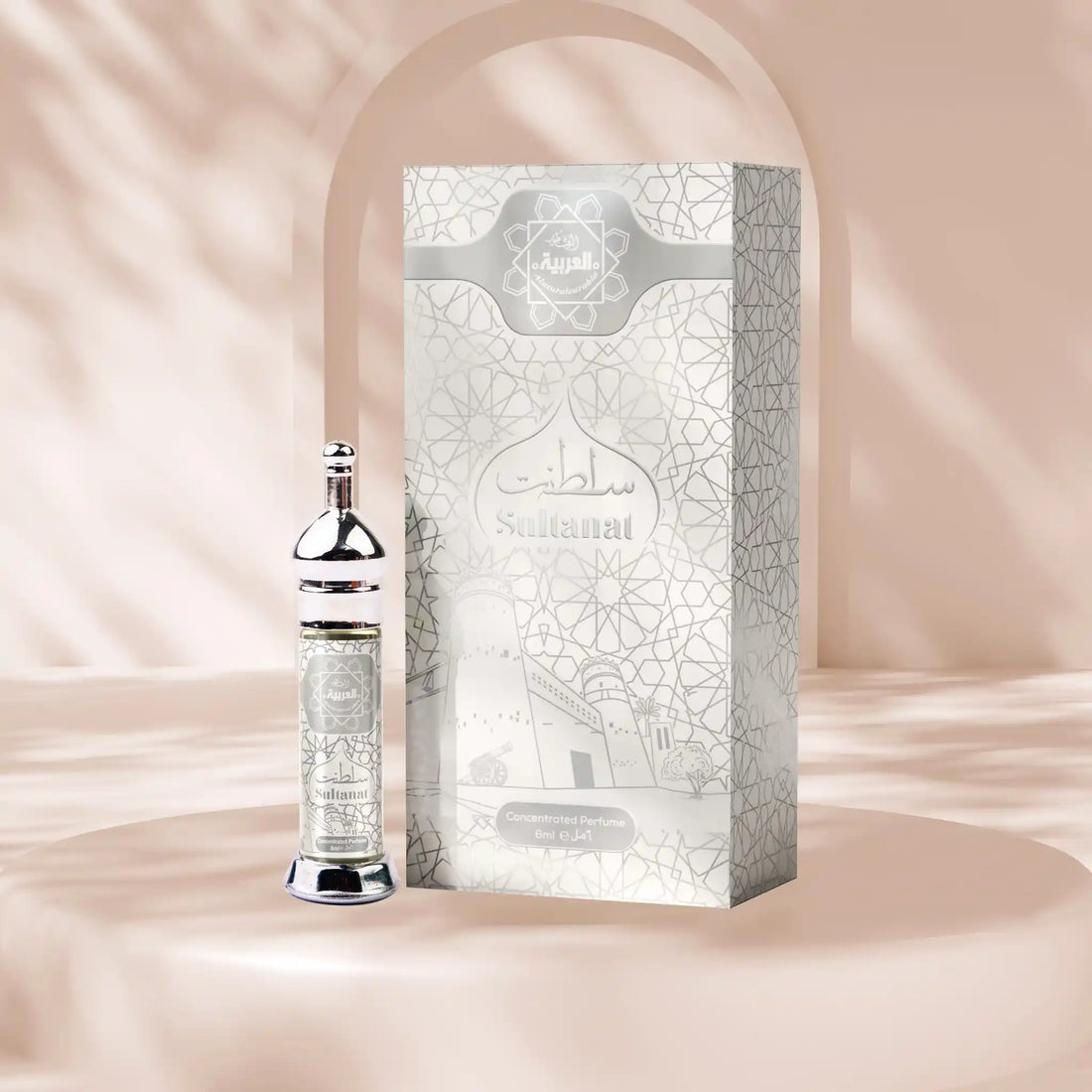 “Al Arabia Sultanat Attar 6ml — front and back views of the roll-on perfume bottle displayed clearly.
