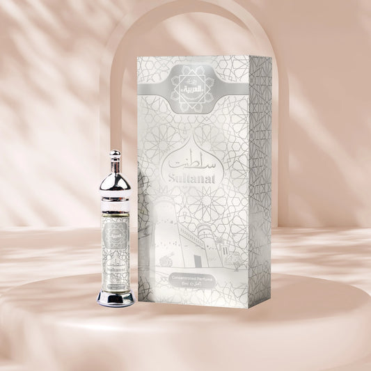 “Al Arabia Sultanat Attar 6ml — front and back views of the roll-on perfume bottle displayed clearly, showing label and packaging details, featuring a long-lasting Arabic fragrance.”