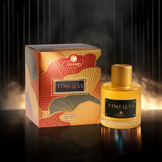 Classic Timeless Perfume 100ml golden bottle and luxury-themed box.
