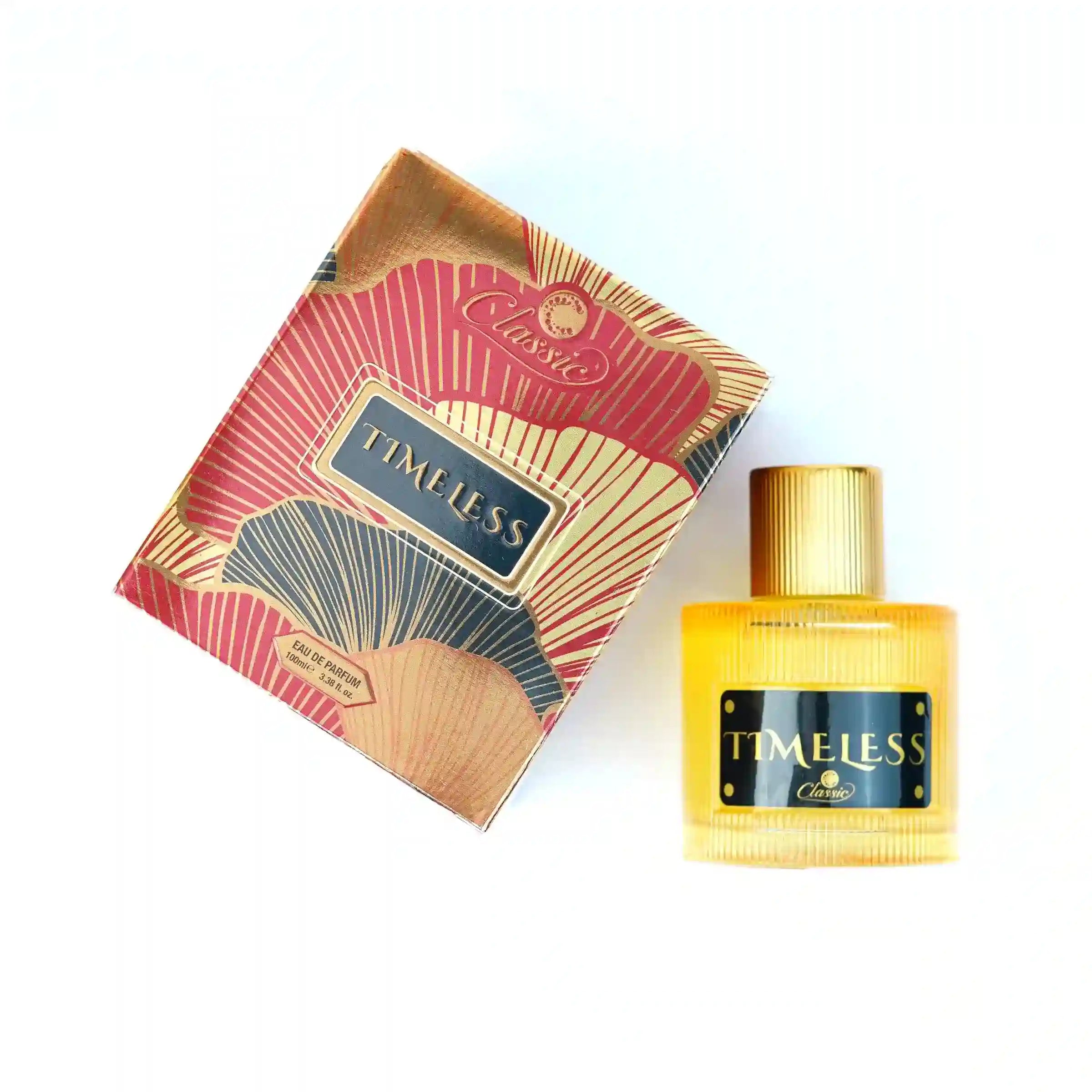 Classic Timeless Perfume 100ml golden bottle and red-gold box design with luxury finish.