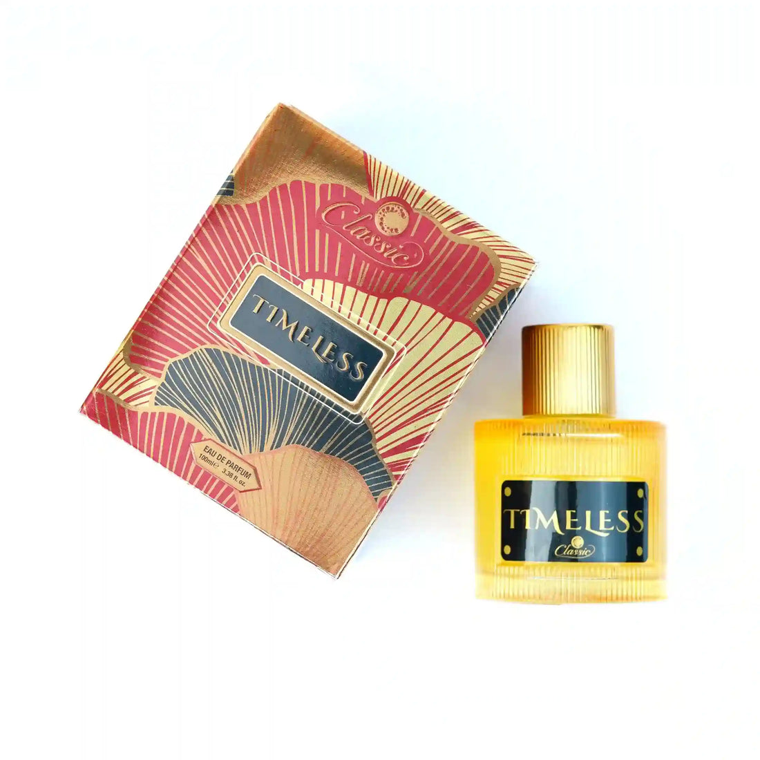 Classic Timeless Perfume 100ml golden bottle and red-gold box design with luxury finish.