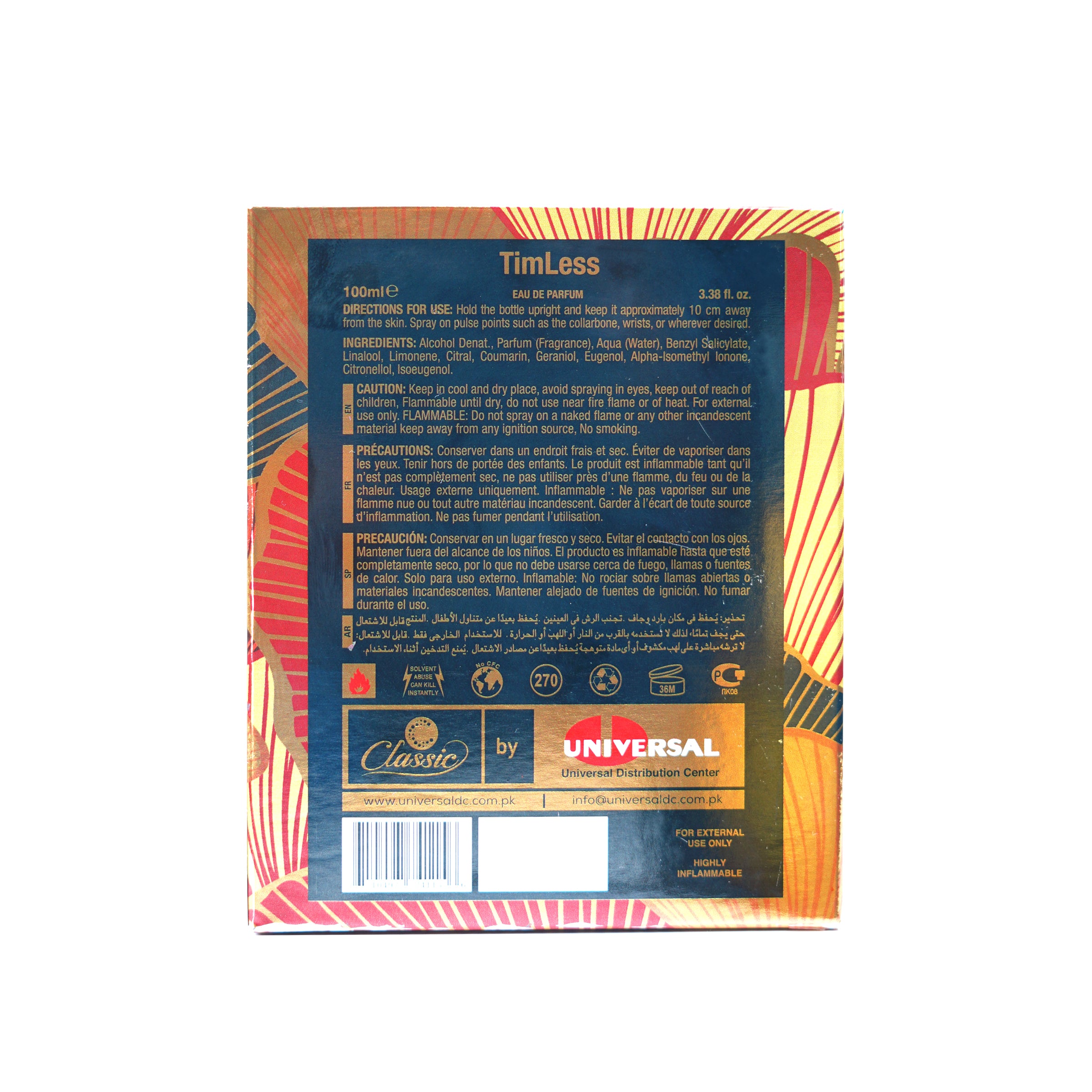 Classic Timeless Perfume 100ml back side of packaging showing ingredients, directions, and Universal Distribution branding.