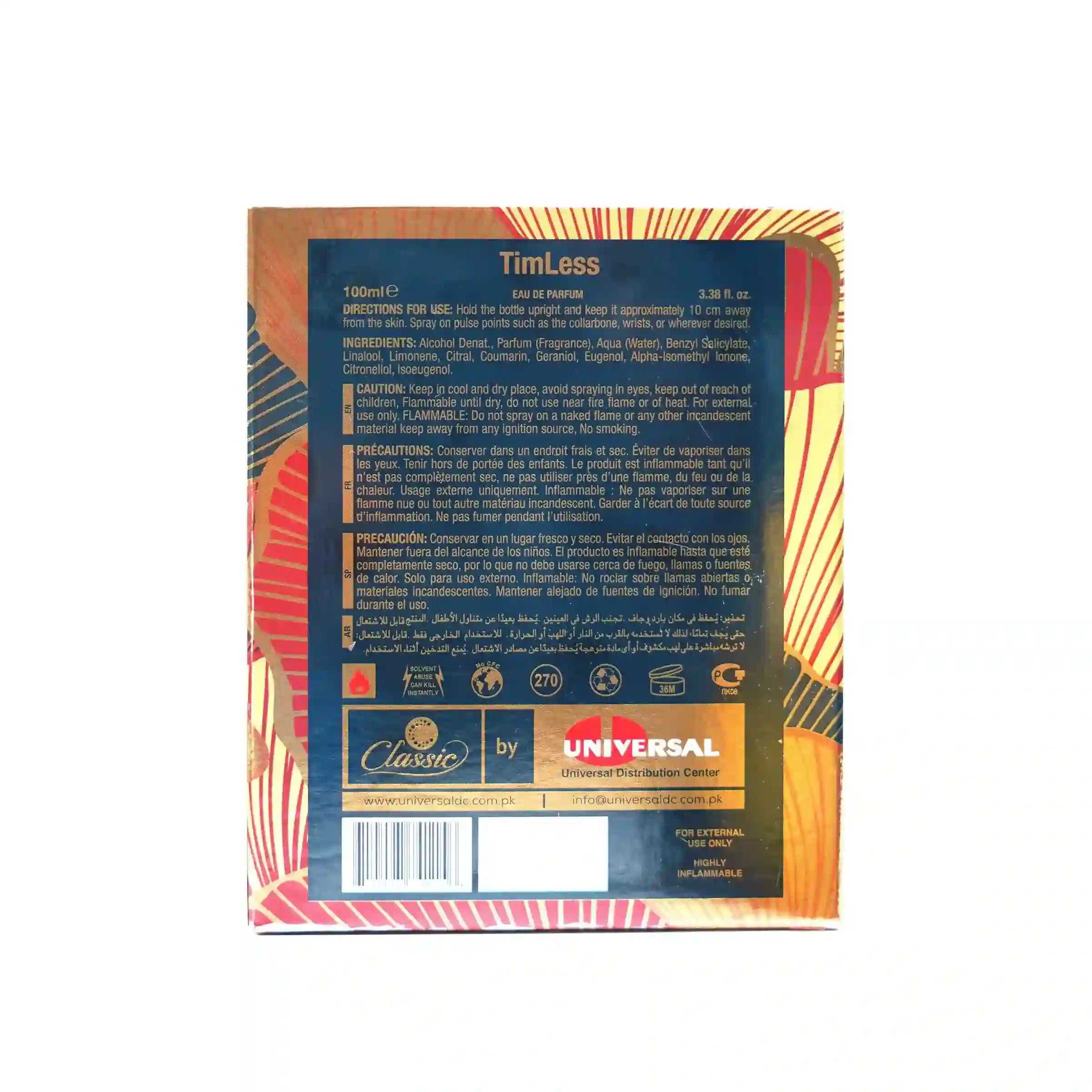 Classic Timeless Perfume 100ml back side of packaging showing ingredients, directions, and Universal Distribution branding.