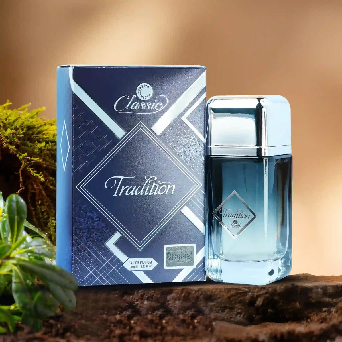 Classic Tradition Perfume 100ml blue bottle and box with silver design.