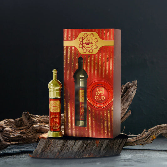Al Arabia OUD Eau de Parfum 50ml bottle with luxurious golden red packaging placed on rustic wood
