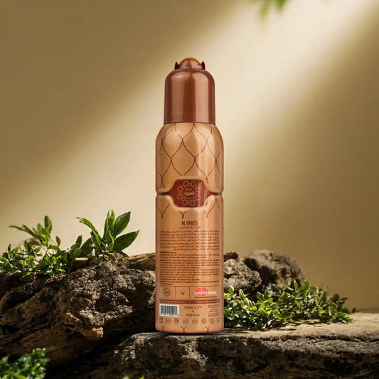 “Al Fares Body Spray 120ml bottle back side showing product details, usage instructions, ingredients list, and barcode.”