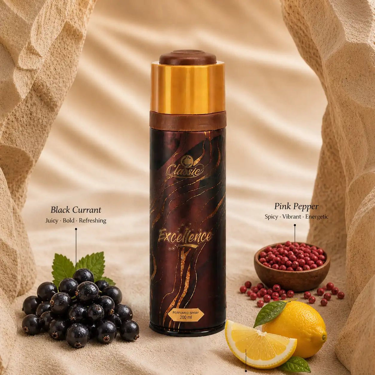 Excellence Classic body spray Front label details ingredients and safety instructions tropical beach setting 200ml aerosol can
