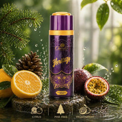 Heritage Classic body spray Front label details ingredients and safety instructions tropical beach setting 200ml aerosol can