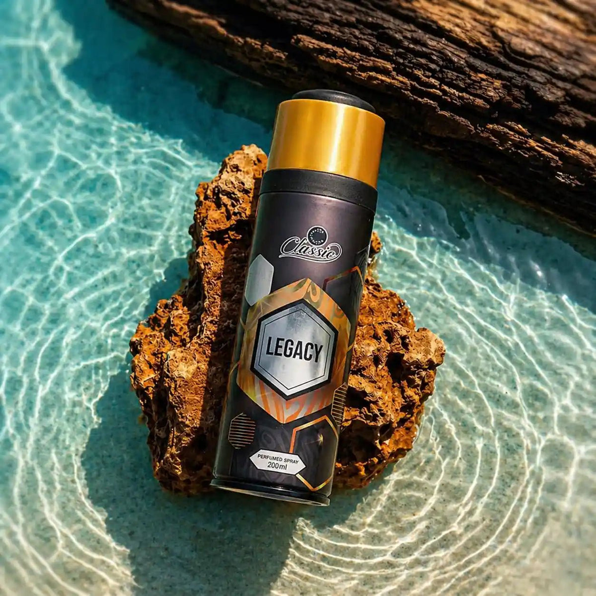 Legacy Classic body spray Front label details ingredients and safety instructions tropical beach setting 200ml aerosol can