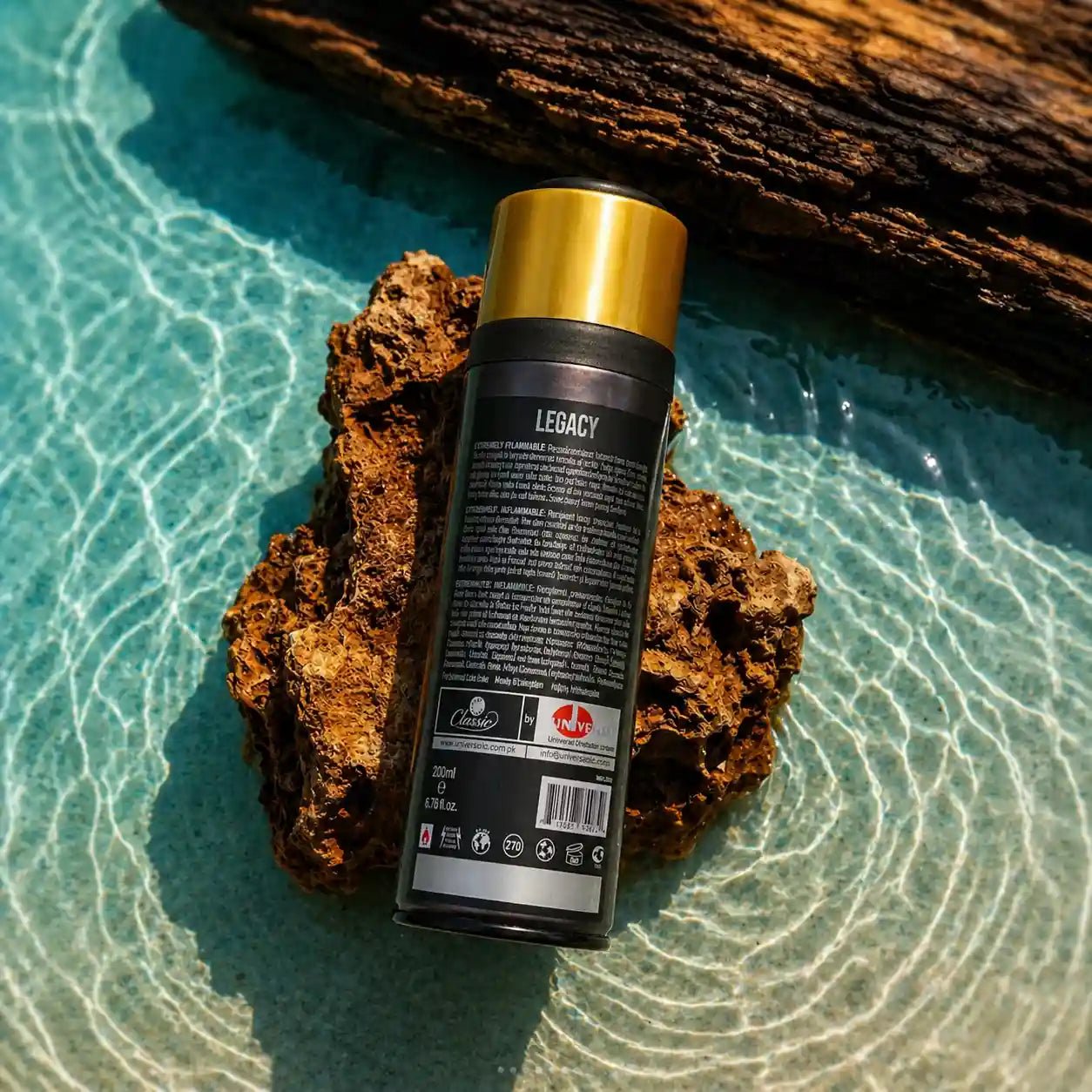 Legacy Classic body spray Front label details ingredients and safety instructions tropical beach setting 200ml aerosol can