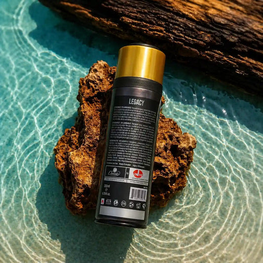 Legacy Classic body spray Front label details ingredients and safety instructions tropical beach setting 200ml aerosol can