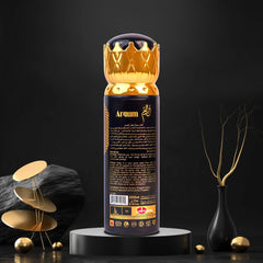 Back view of Faateh Arqum Body Spray – 200ml fragrance mist showing ingredients, usage instructions, and label details from TheBigBossStore