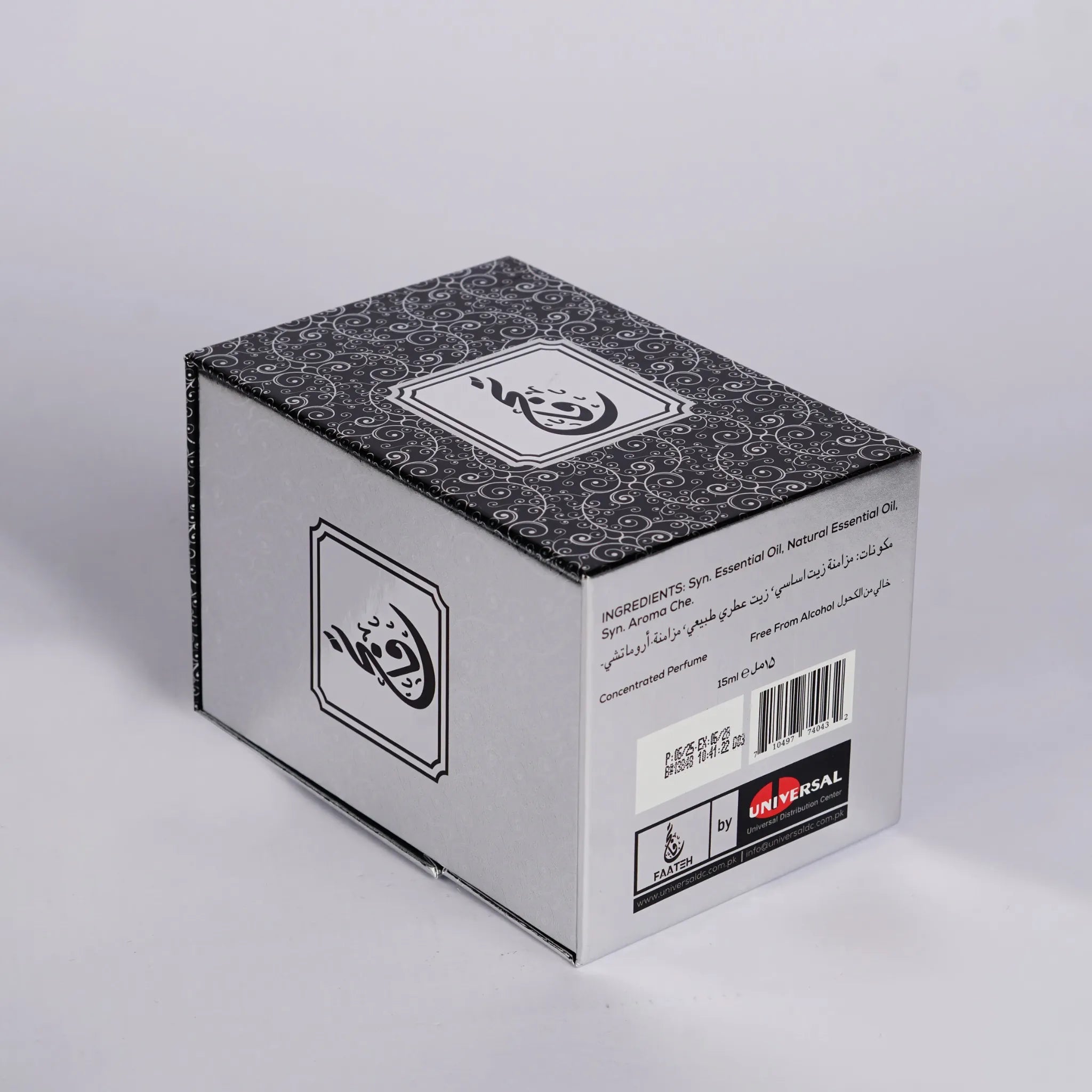 Ingredients and Back View of Faateh Qamar Attar Perfume Packaging – 15ml Alcohol-Free Perfume Oil