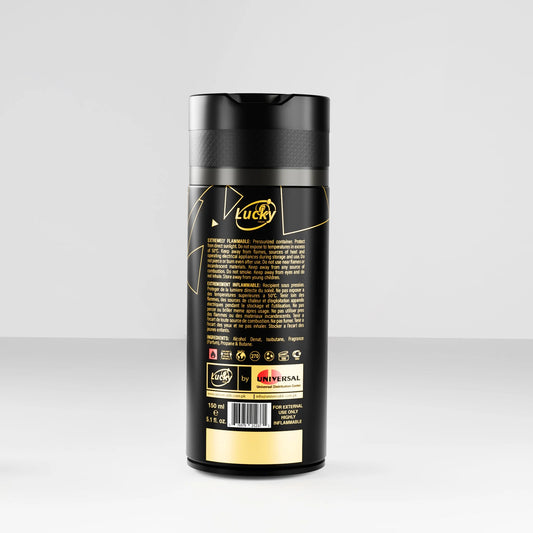 Lucky Black body spray 150ml back label – ingredients and usage instructions