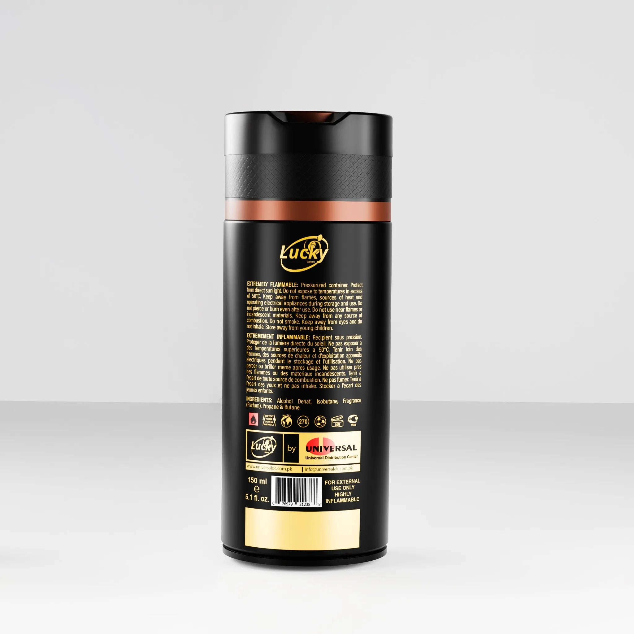 Lucky Adventure body spray 150ml back label – safety warnings and ingredients
