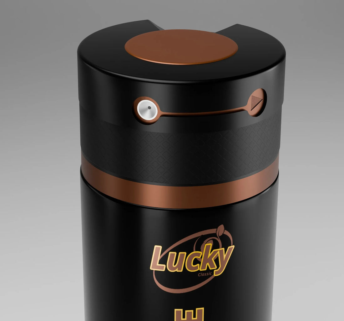 “Lucky Adventure body spray top view showing the spray nozzle, cap design, and product’s circular top detailing.”
