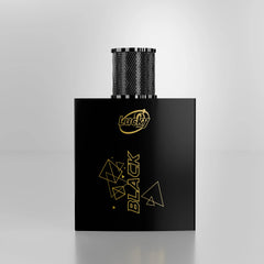 Lucky Black perfume front view – matte black bottle with golden geometric accents