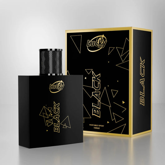 Lucky Black perfume with box banner – bold luxury fragrance with charcoal-themed design