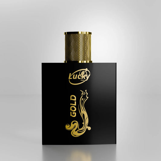 Lucky Gold perfume front view – classy bottle with golden label and masculine appeal