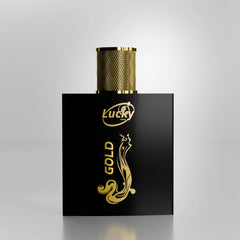 Lucky Gold perfume front view – classy bottle with golden label and masculine appeal