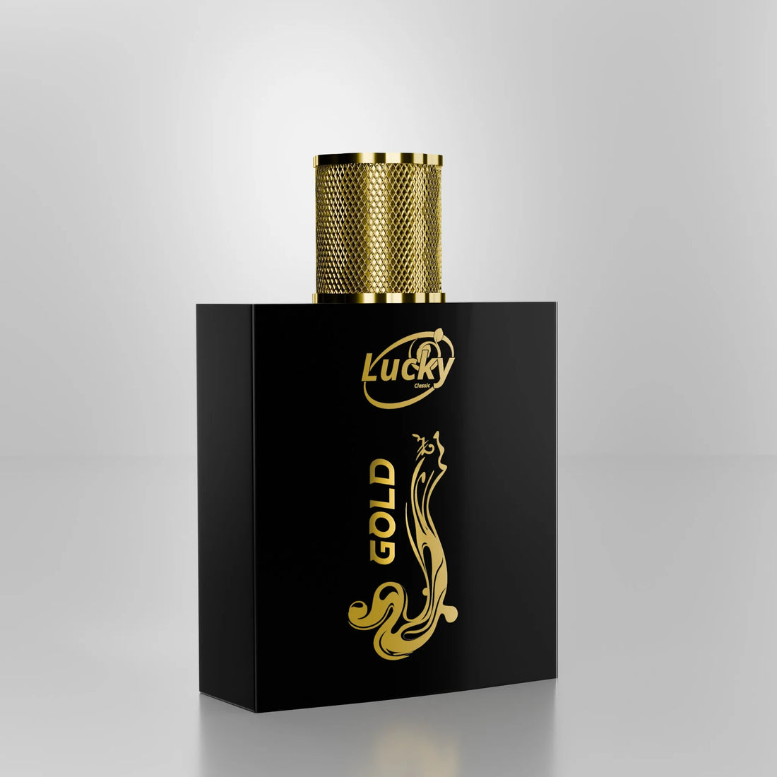 Lucky Gold perfume side view – luxury design with sleek glass contours