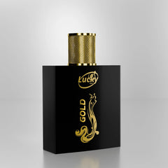 Lucky Gold perfume side view – luxury design with sleek glass contours
