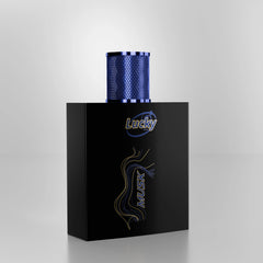 Lucky Musk perfume side view – sleek glass bottle with woody oriental scent