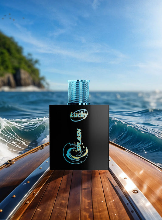 Lucky Splash perfume on yacht deck with ocean waves – fresh aquatic scent for men