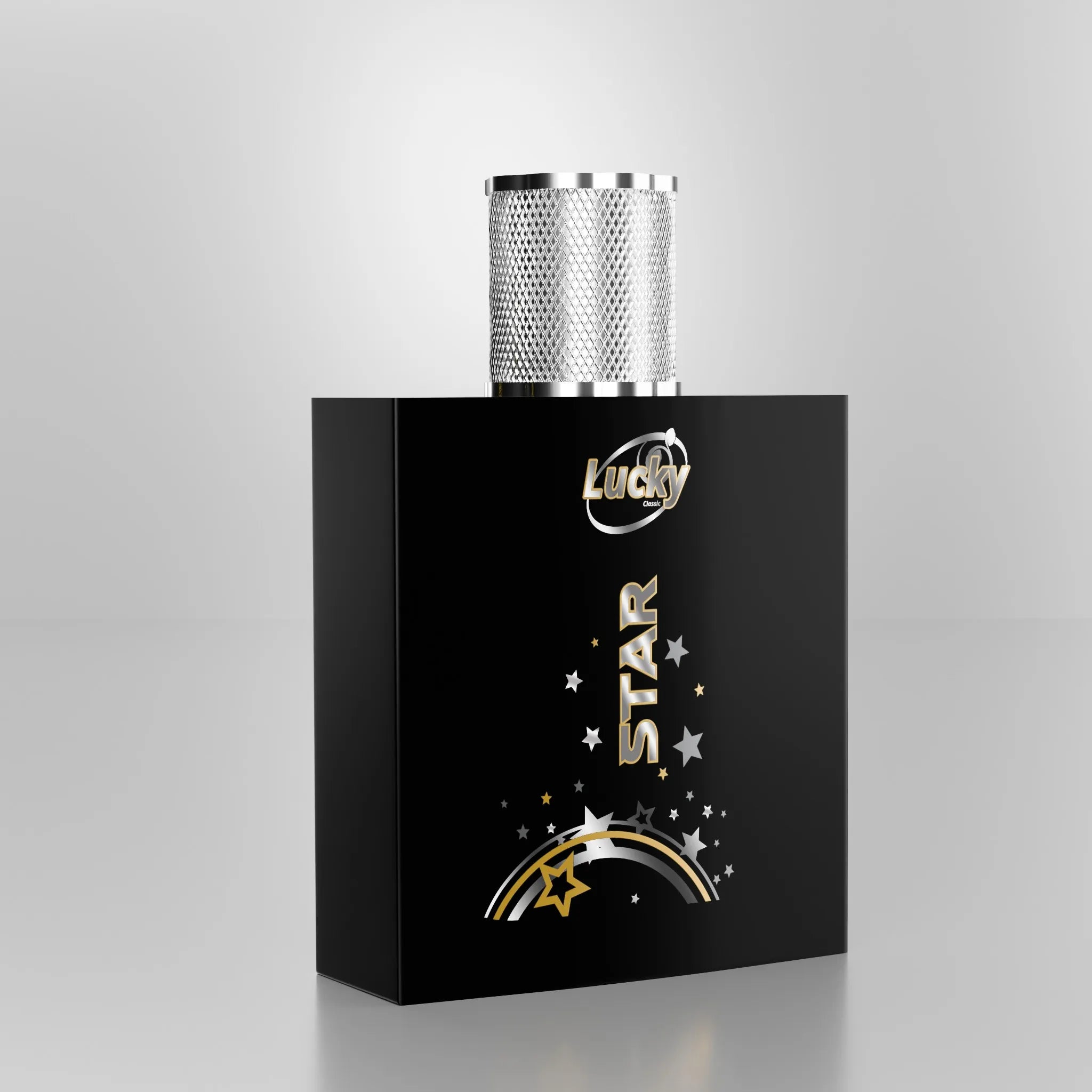 Lucky Star perfume bottle side view – clean silhouette with refined masculine design