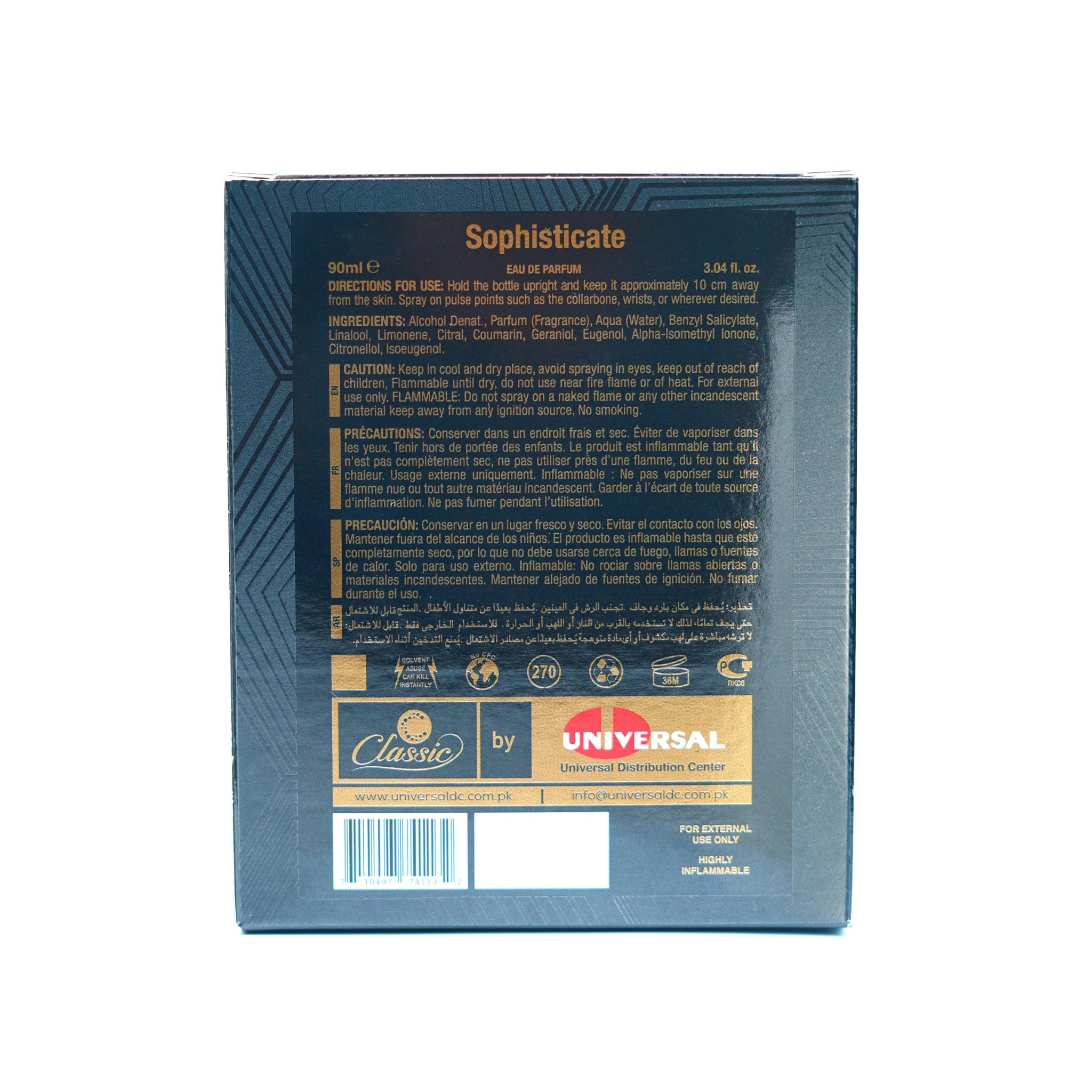 Back side of Classic Sophisticate Perfume 90ml box showing product ingredients, usage directions, and Universal Distribution details.
