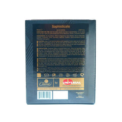 Back side of Classic Sophisticate Perfume 90ml box showing product ingredients, usage directions, and Universal Distribution details.