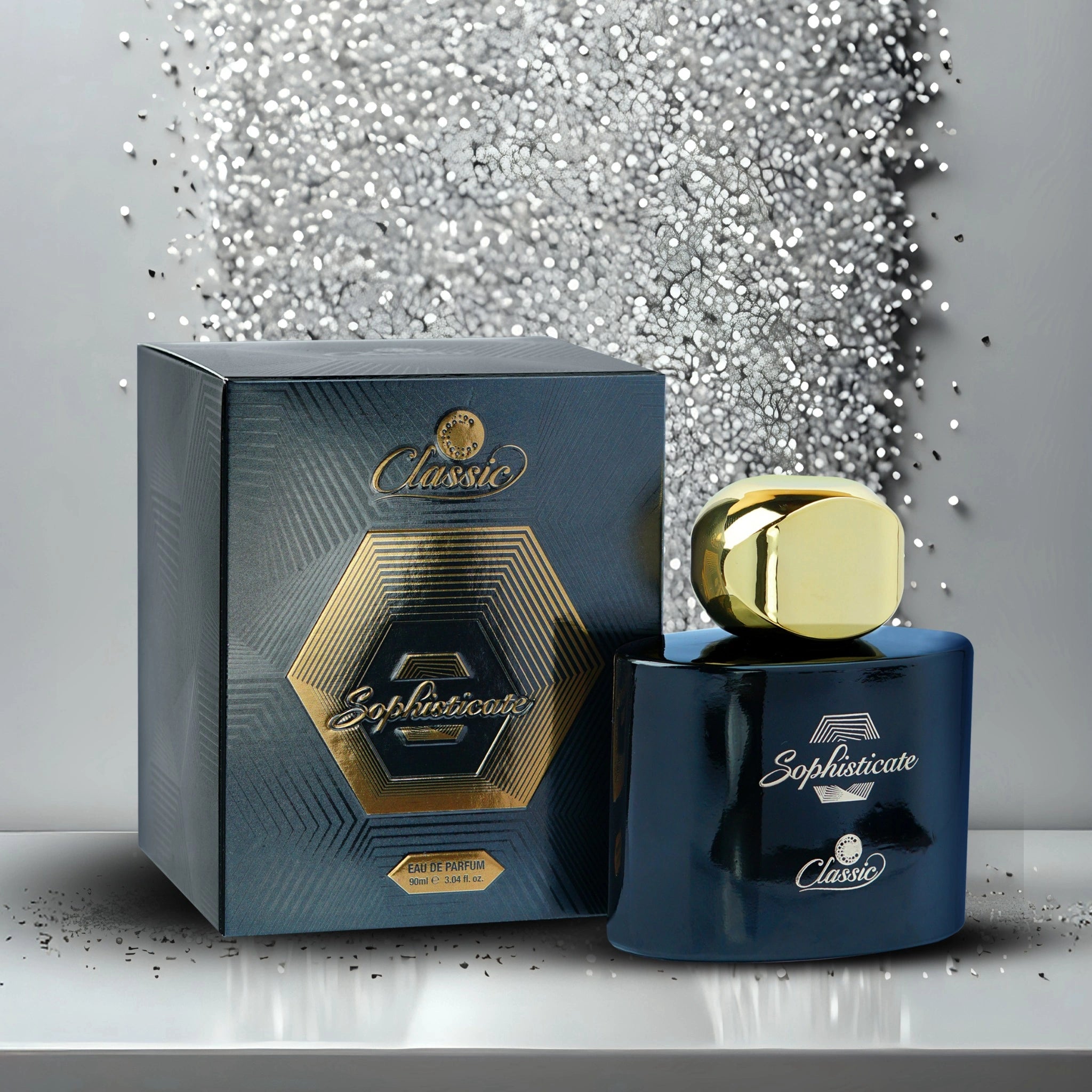 Classic Sophisticate Perfume 100ml dark blue bottle with gold cap and luxury box on silver background.