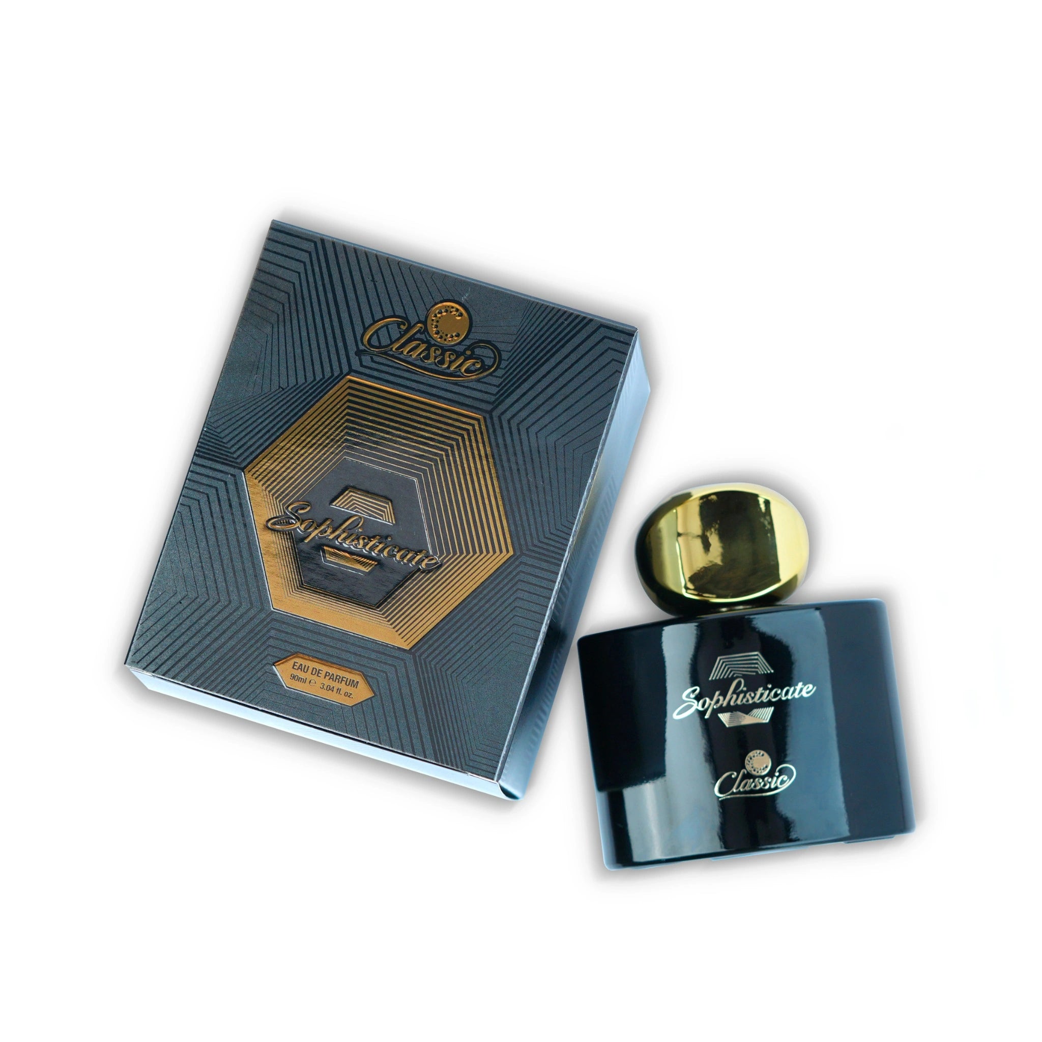 Classic Sophisticate Perfume 90ml black bottle with gold cap and elegant dark box design.
