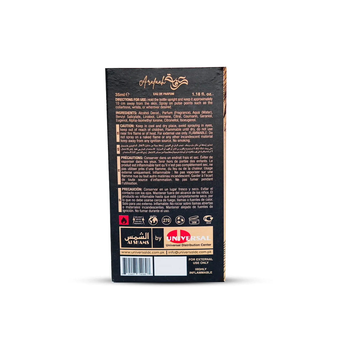 “Al Shams Perfume Arafaah 35ml box displayed from the Back, showcasing the packaging design.