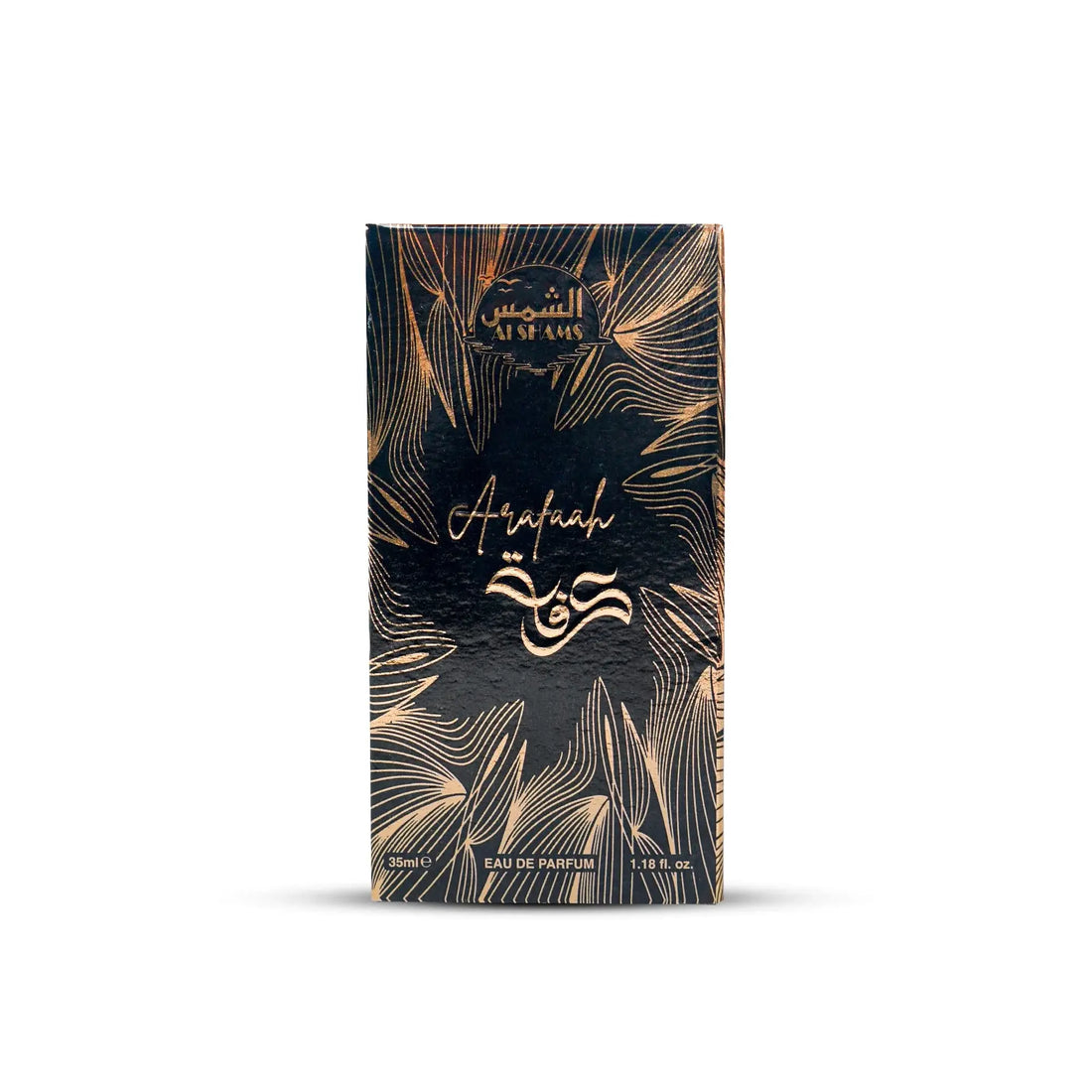 “Al Shams Perfume Arafaah 35ml box displayed from the front, showcasing the packaging design.