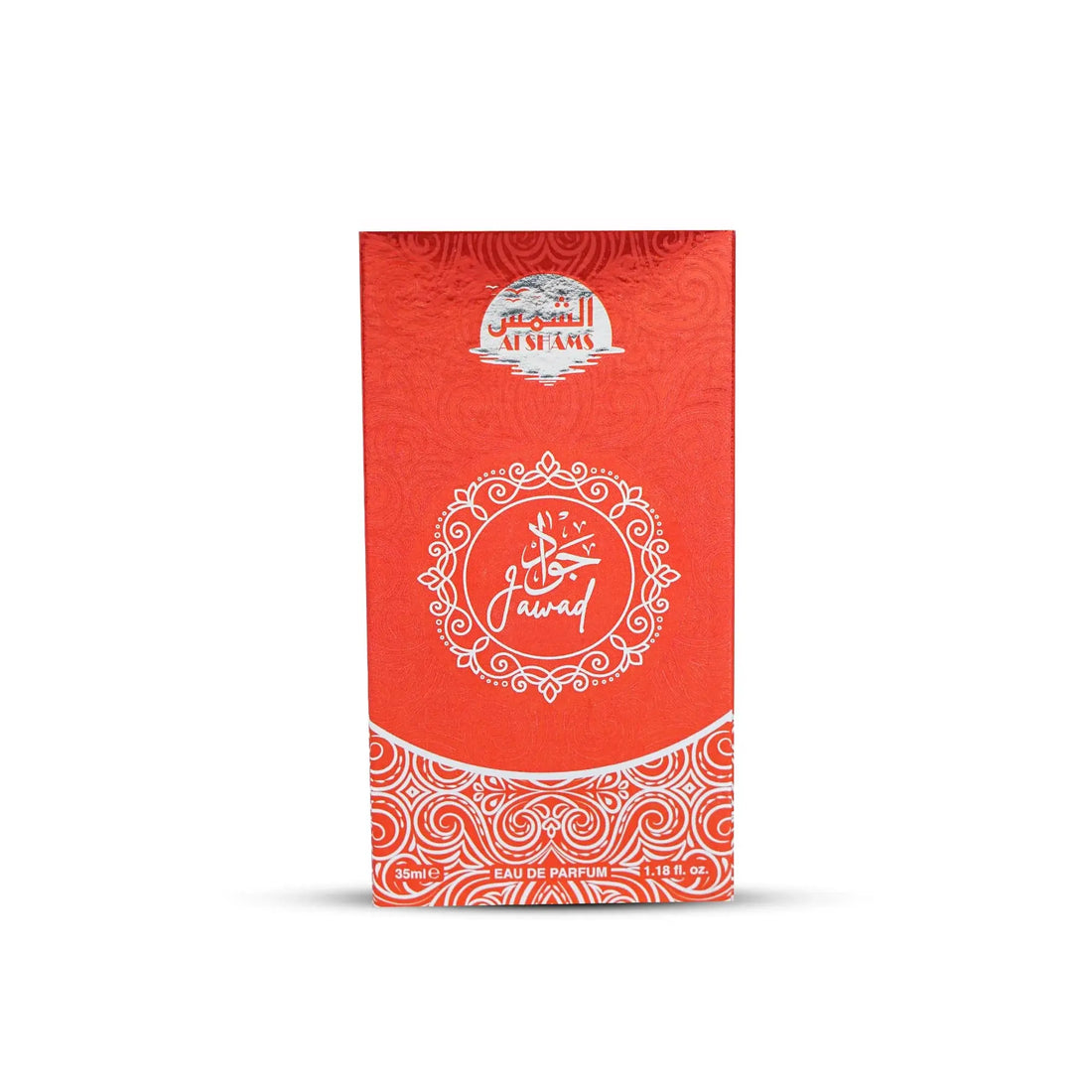 “Al Shams Perfume Jawad 35ml bottle displayed from the front, showcasing the label, sleek design, and branding details.”