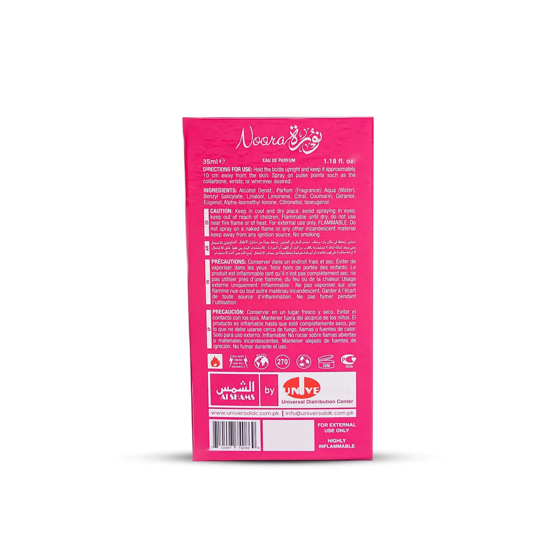 “Al Shams Perfume Noor 35ml bottle displayed from the front, showcasing its sleek design, label, and branding details.”
