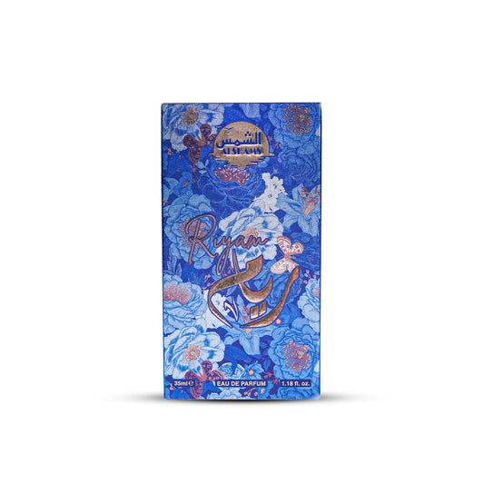 “Al Shams Perfume Riyam 35ml box shown from the front, featuring its printed design, branding, and packaging details.”
ab iska