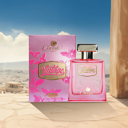 Classic Vintage Perfume 100ml pink bottle and floral box on outdoor background with city view