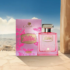 Classic Vintage Perfume 100ml pink bottle and floral box on outdoor background with city view